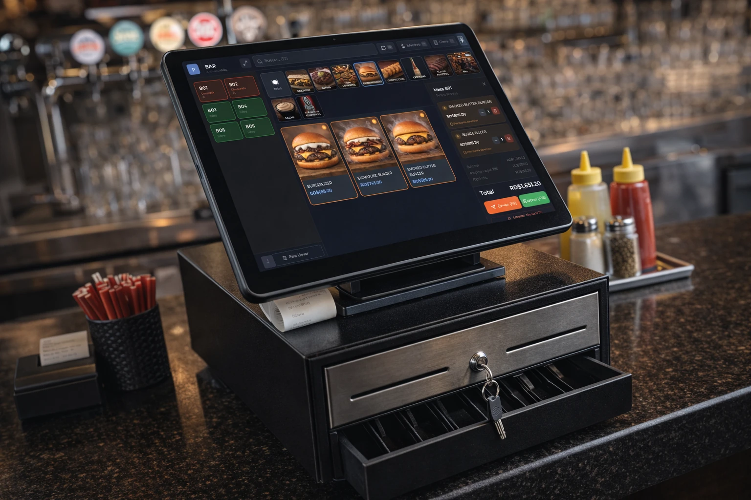 Terminal de Cuadre para restaurantes sobre una gaveta de dinero en un bar
